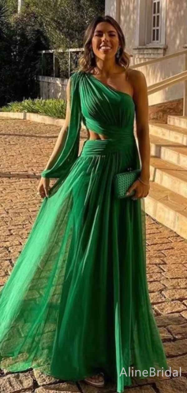Elegant Dark Green One Shoulder Long Sleeveas A Line Long Evening