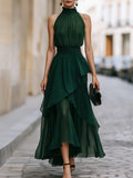 Elegant Halter Neck Layered Chiffon Maxi Dress Green