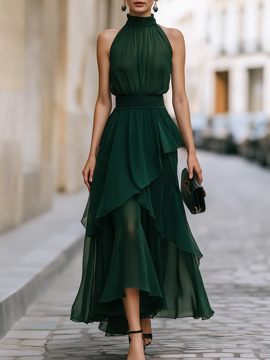 Elegant Halter Neck Layered Chiffon Maxi Dress Green