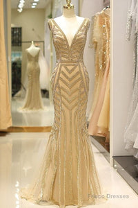 Elegant Mermaid Deep V Neck Gold Beaded Long Prom Dress Gold Custom
