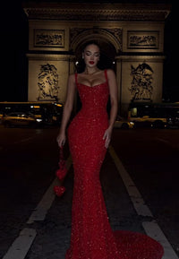 Elegant Mermaid Spaghetti Straps Sequin Red Long Prom Dress Party