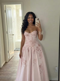 Elegant Pink Floral Lace A Line Satin Evening Dress, Prom Dress