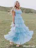 Elegant Sky Blue A Line Tulle Tiered Prom Dress Ruffled Evening Dress
