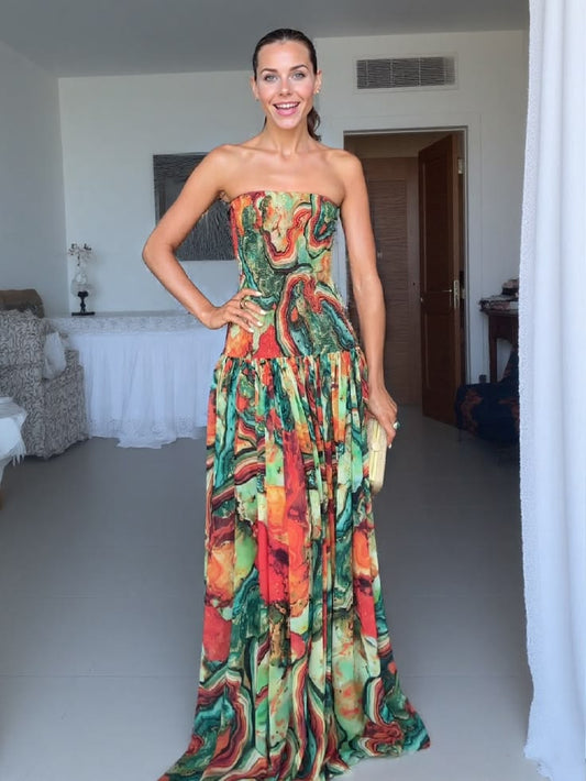 Elegant Wrap Neckline Abstract Print Maxi Dress Multi