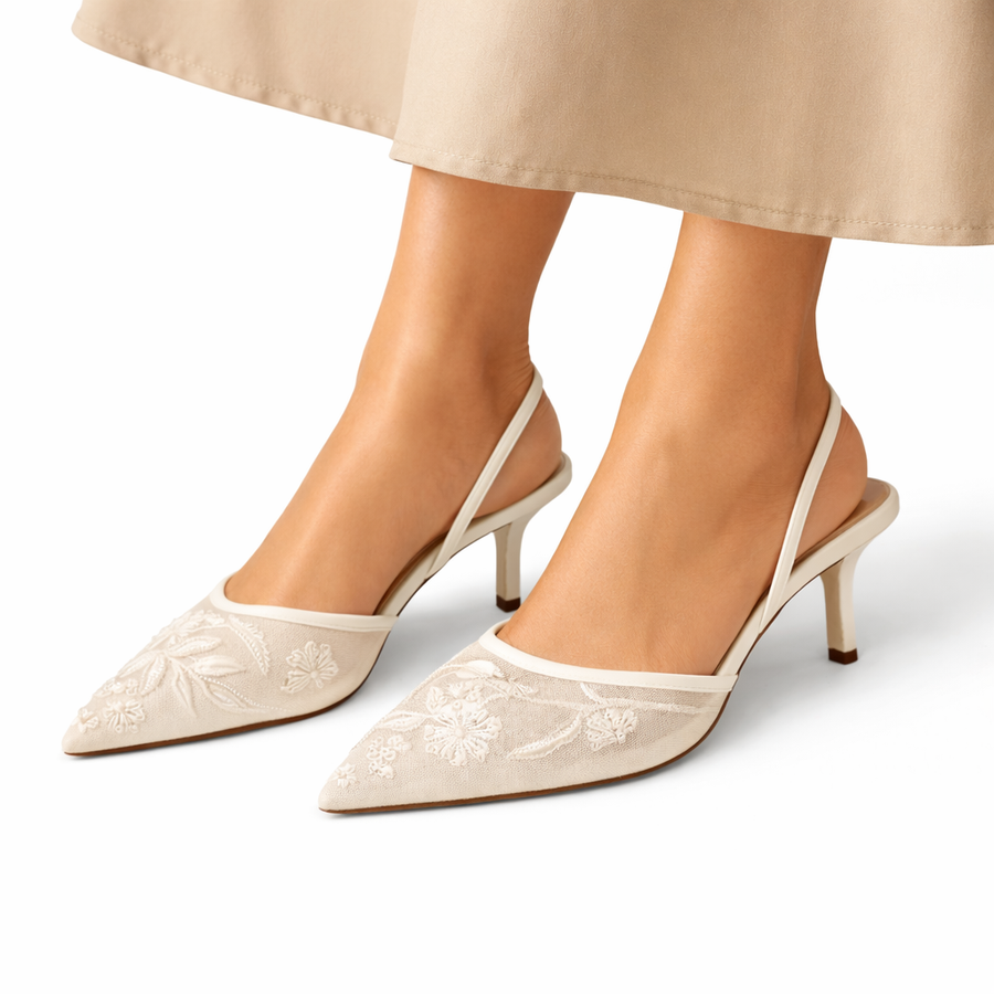 Elowen | Women's Floral Embroidered Slingback Kitten Heel