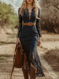 Elspeth | Women's V-Neck Long Sleeve Lace Midi Dress