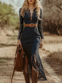 Elspeth | Women's V-Neck Long Sleeve Lace Midi Dress