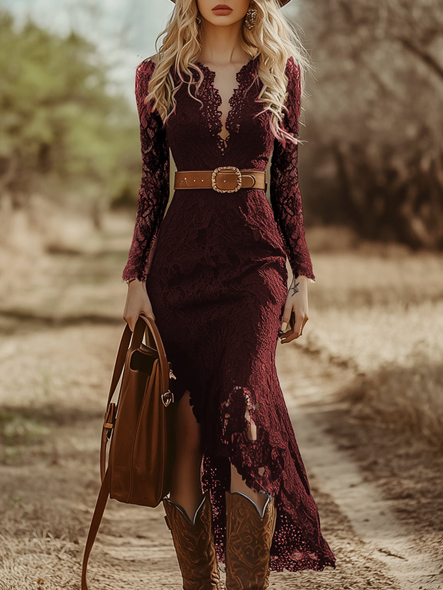 Elspeth | Women's V-Neck Long Sleeve Lace Midi Dress