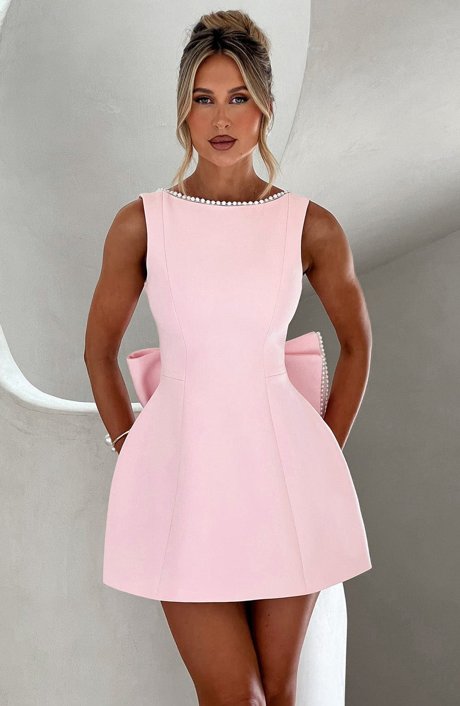 Elysia | Women's Pearl Trim A-Line Sleeveless Mini Dress