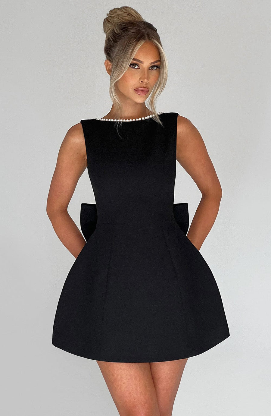 Elysia | Women's Pearl Trim A-Line Sleeveless Mini Dress