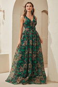 Emerald Floral Cami V Neck Pleated Maxi Dress