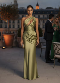 Emina One Shoulder Satin Maxi Dress In Light Olive