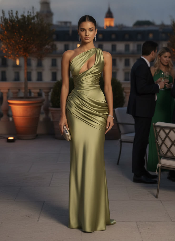 Emina One Shoulder Satin Maxi Dress In Light Olive