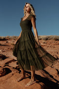 Emma Smocked Tulle Midi Dress Dark Olive