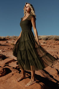 Emma Smocked Tulle Midi Dress Dark Olive