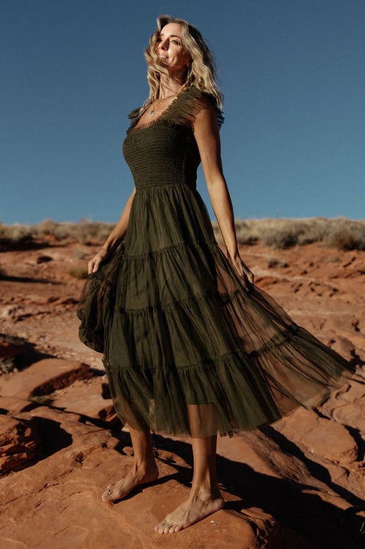 Emma Smocked Tulle Midi Dress Dark Olive