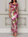 Enchanted Garden Ruched Cowl Neck Trumpet Dress Fuchsia M(8 10)