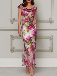 Enchanted Garden Ruched Cowl Neck Trumpet Dress Fuchsia M(8 10)