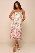 Endless Praise Beige Floral Embroidered Strapless Midi Dress