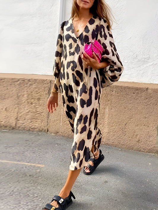 Eulalia | Women's Leopard Print Cowl Neck Midi Dress