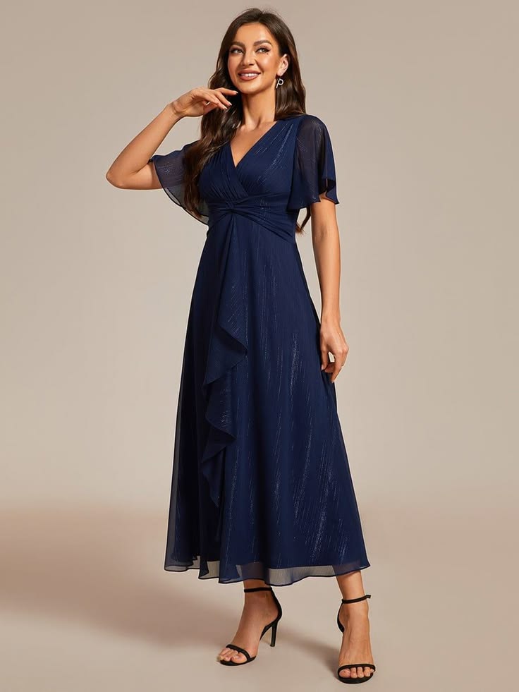 Ever Opahl Silver Metallic Fabric V Neck A Line Wedding Guest Dress