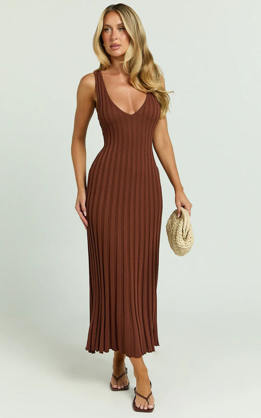 Maya Midi Knit Dress Sleeveless V Neck Knited Dress In Dark Chocolate