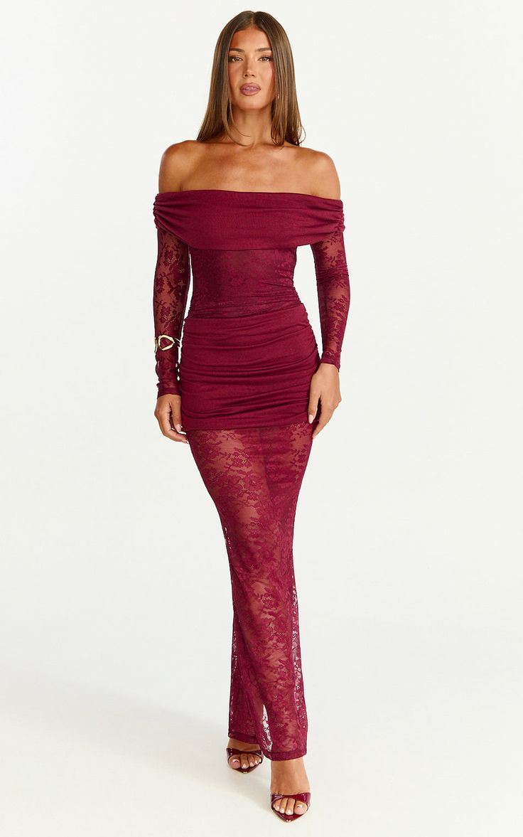 Juliet Maxi Dress Off Shoulder Long Sleeve Ruched Overlay Lace Dress