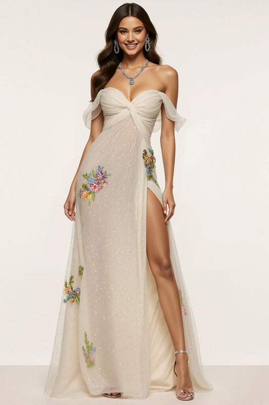 Sparkly Ivory Floral Off The Shoulder Mermaid Long Formal Dress With