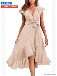 Sleeveless Cross V Neck Midi Dress With Ruffle Hem Tie Waist Color:
