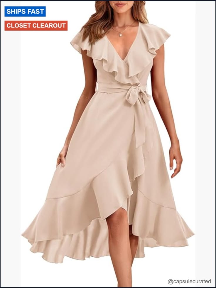 Sleeveless Cross V Neck Midi Dress With Ruffle Hem Tie Waist Color: