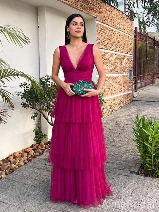 Elegant Fuchsia V-neck A-line Layered Tulle Long Prom Dress, Evening Dress, PD382102 - US20 / Picture Color