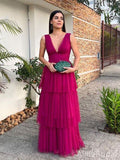 Elegant Fuchsia V Neck A Line Layered Tulle Long Prom Dress, Evening