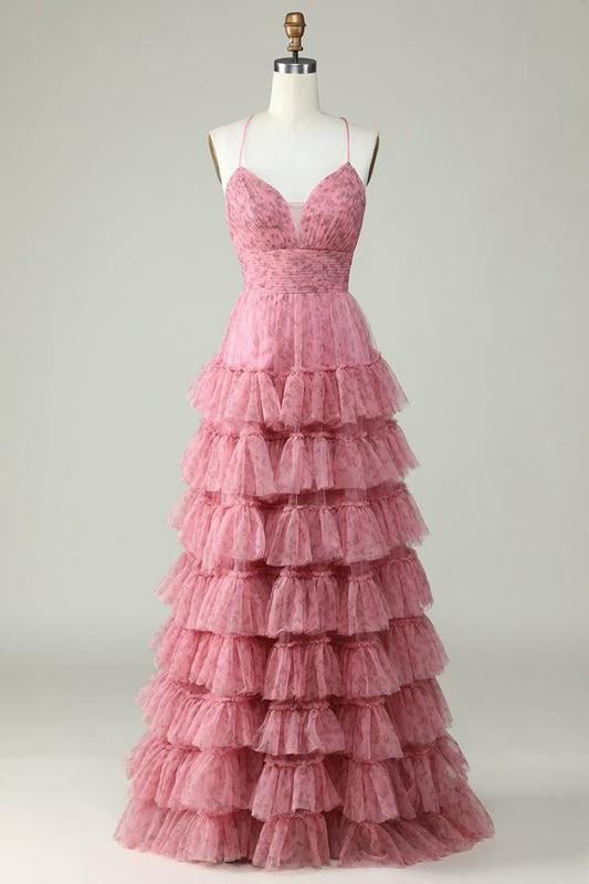 A Line Spaghetti Straps Layered Pink Floral Printed Tulle Prom Dress
