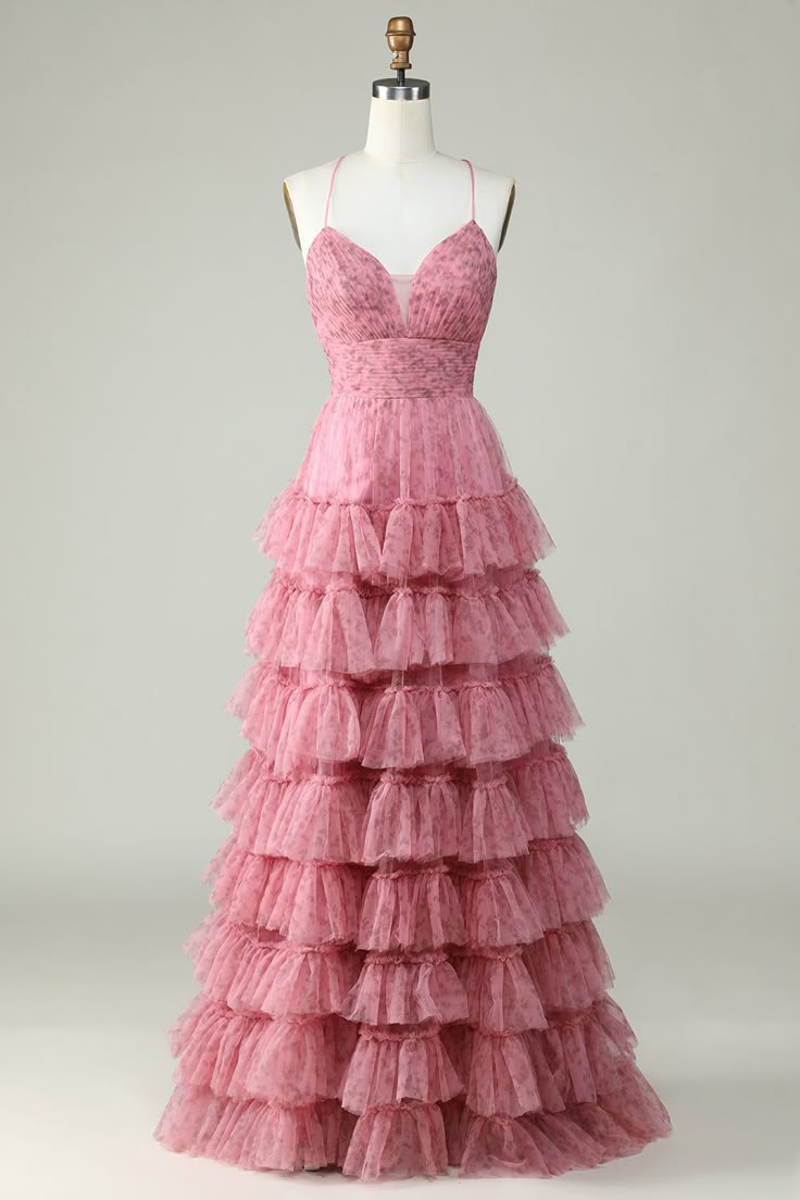 A Line Spaghetti Straps Layered Pink Floral Printed Tulle Prom Dress