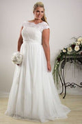 Sheath Scoop Neck Long Cap Sleeve Tulle Plus Size Summer Wedding Dress