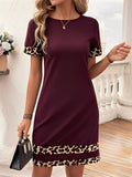 Leopard Print Patchwork Boat Neck Short Sleeve T Shirt Dress,Burgundy