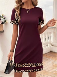 Leopard Print Patchwork Boat Neck Short Sleeve T Shirt Dress,Burgundy