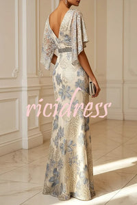 Ellie Floral Textured Diamond Embellished Belt Half Sleeve Mermaid