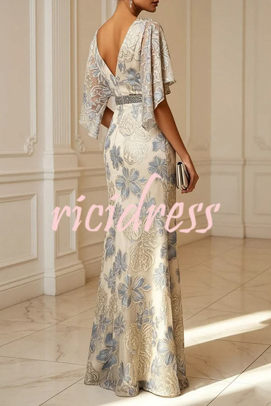 Ellie Floral Textured Diamond Embellished Belt Half Sleeve Mermaid