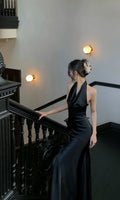 Sexy Mermaid Black Halter Satin Long Prom Dress, Evening Dress