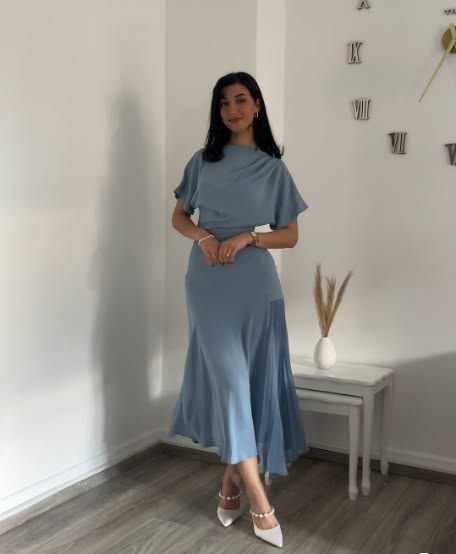 Elegant Blue A Line Chiffon Short Sleeve Tea Dress Formal Dress