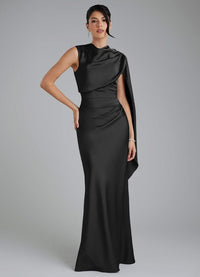 Mermaid High Neck Floor Length Stretch Satin Bridesmaid Dress Black