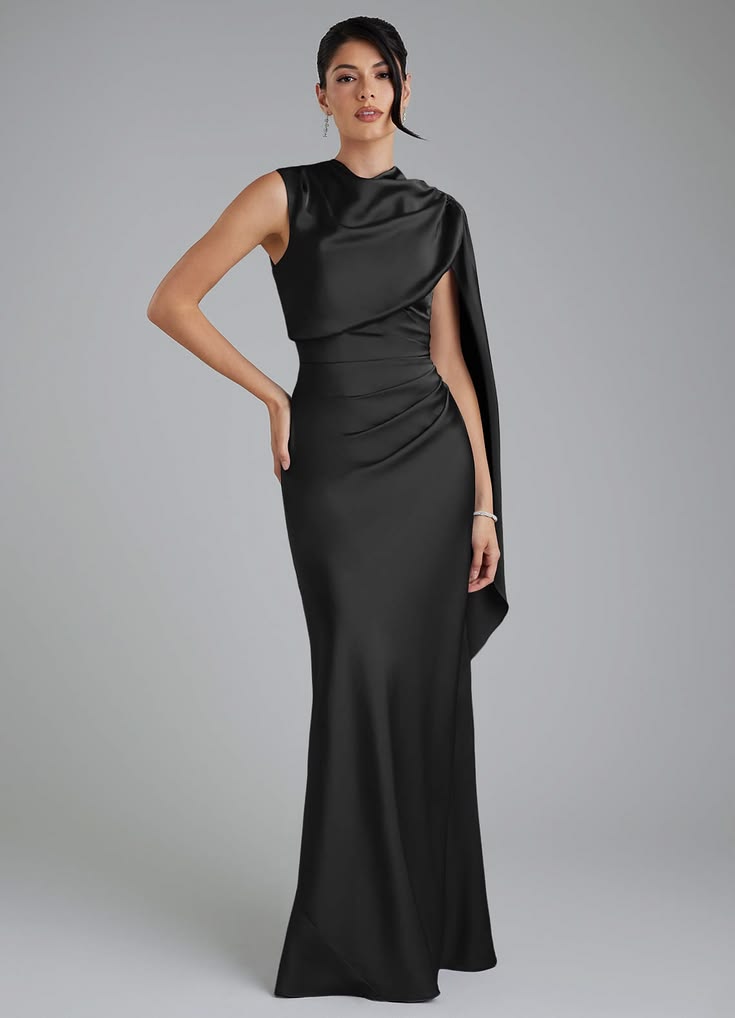 Mermaid High Neck Floor Length Stretch Satin Bridesmaid Dress Black