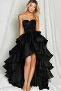Black Sweetheart Ruched Asymmetrical High Low Prom Dress With Ruffles