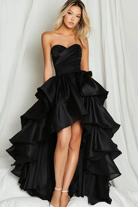 Black Sweetheart Ruched Asymmetrical High Low Prom Dress With Ruffles