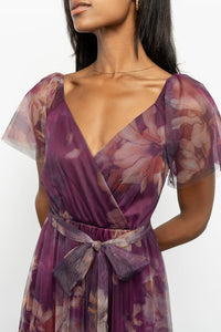 Womens Nicola Tulle Maxi Dress Aubergine Floral Size: XS