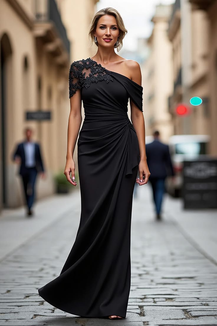 Black Long Mermaid Asymmetrical Mother Of The Bride Dress With