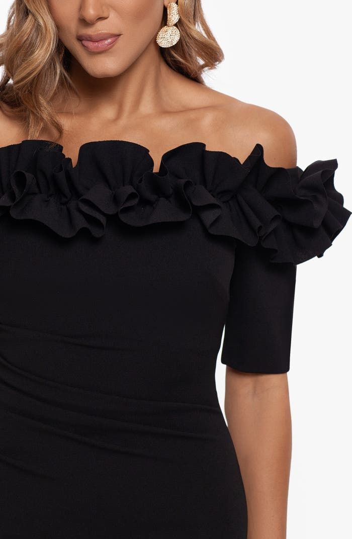 Ruffle Off The Shoulder Crepe Column Gown (Women)