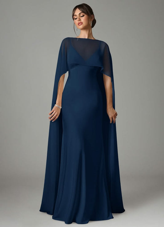 A Line V Neck Floor Length Chiffon Bridesmaid Dress Dark Navy