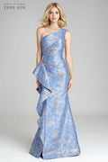 Jacquard One Shoulder Side Ruffle Gown Teal